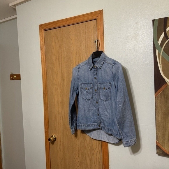 Level 99 Jackets & Blazers - Level 99 "Gwen" Medium Blue Snap-Button Long Sleeve Linen Blend Shirt Jacket